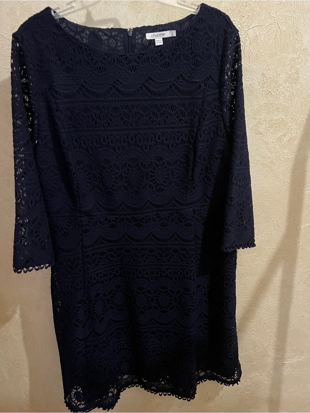 Chico's Navy Lace Shift Dress with Three-Quarter Sleeves